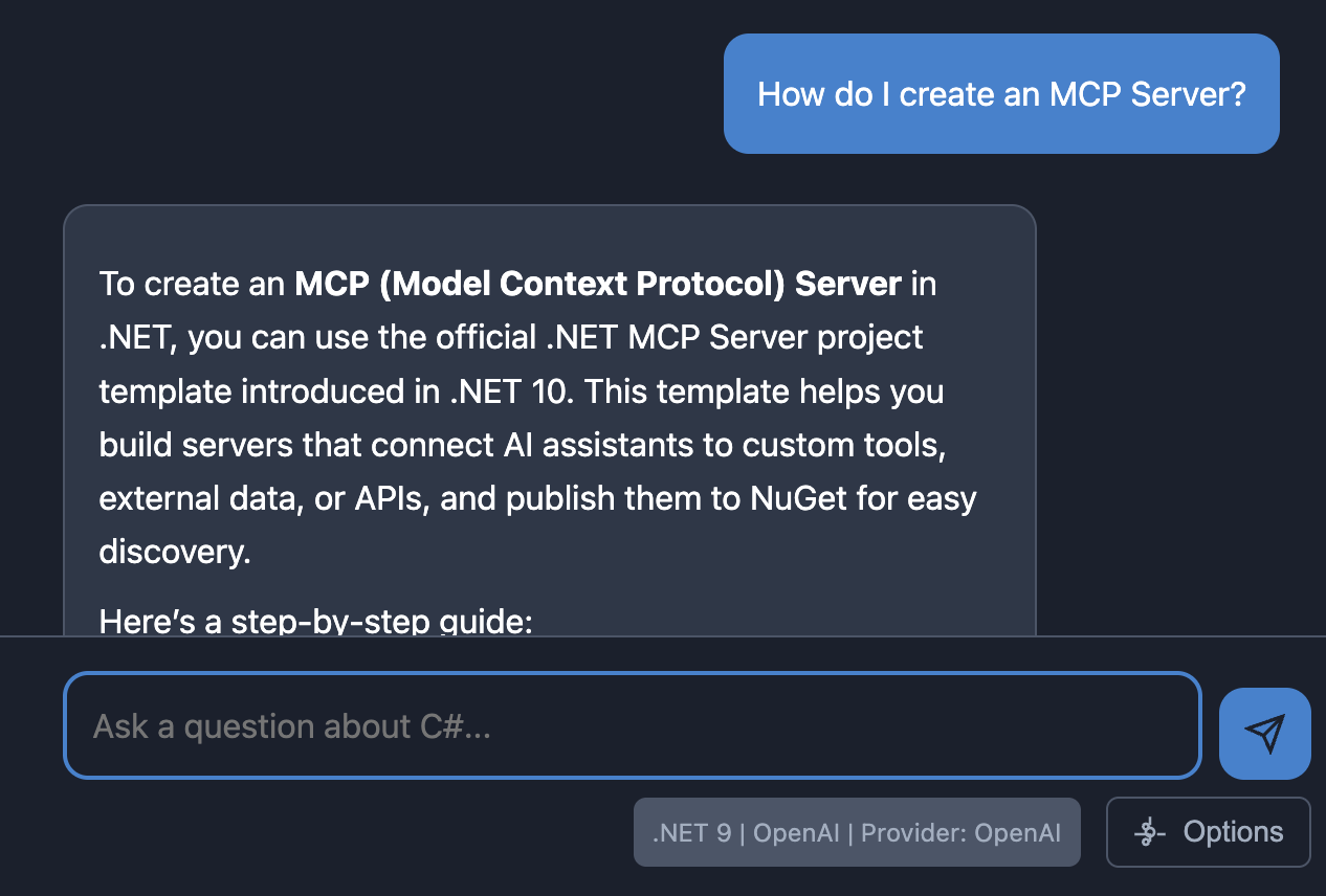Chat window showing the question 'How do I create an MCP Server?' followed by a response.