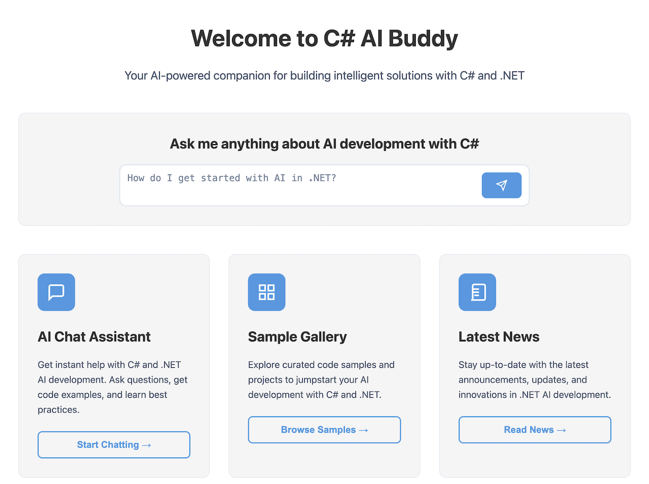 C# AI Buddy Screenshot, showing a chat box followed by links to samples, news, and chat.