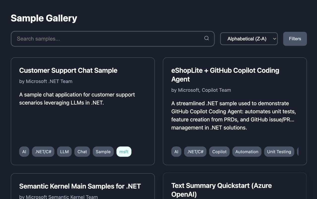 A Search field followed by a List of samples like 'customer support' and 'eShopLite'